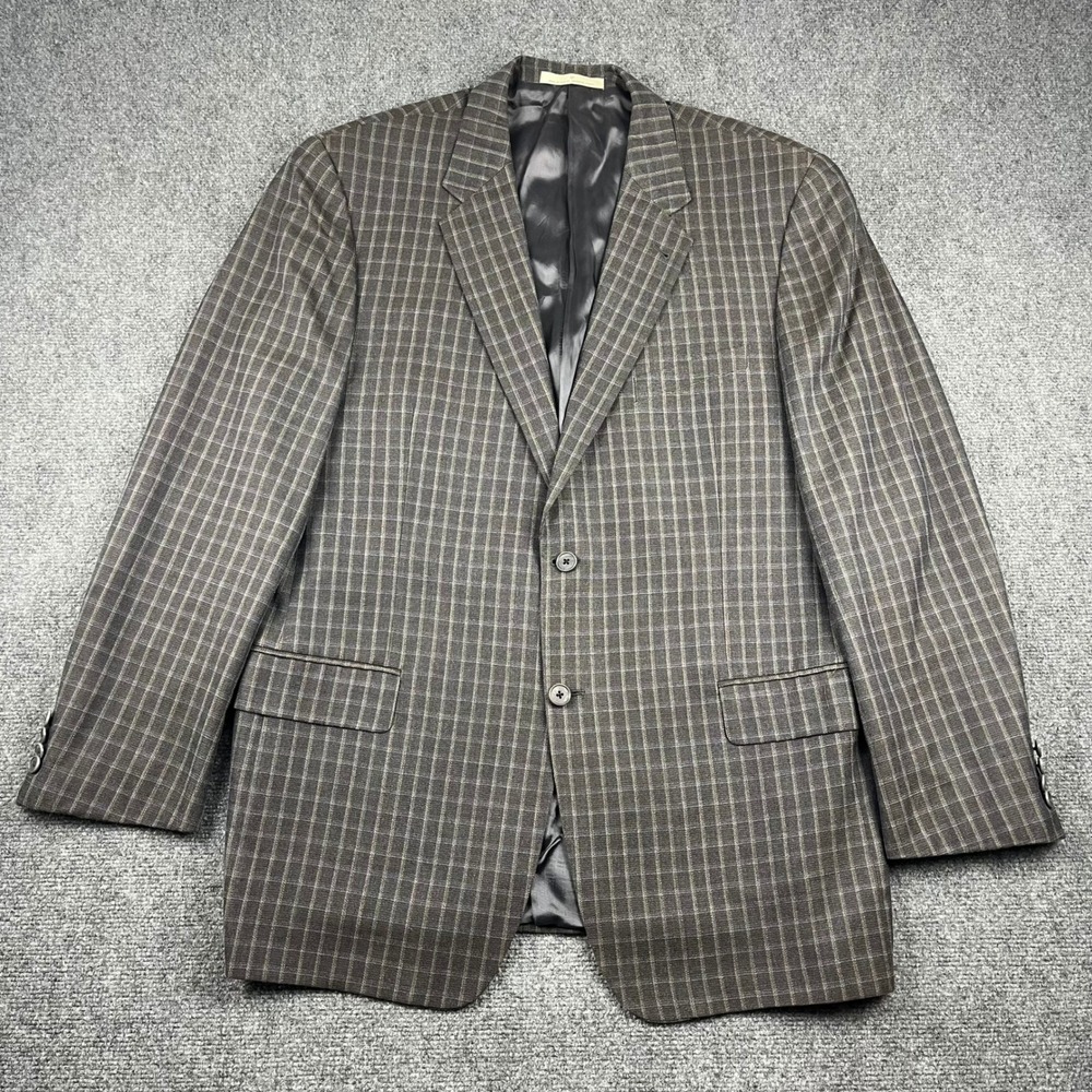 Joseph Abboud Mens 44L Plaid Blazer Wool Silk Linen Cashmere Sport Coat Brown